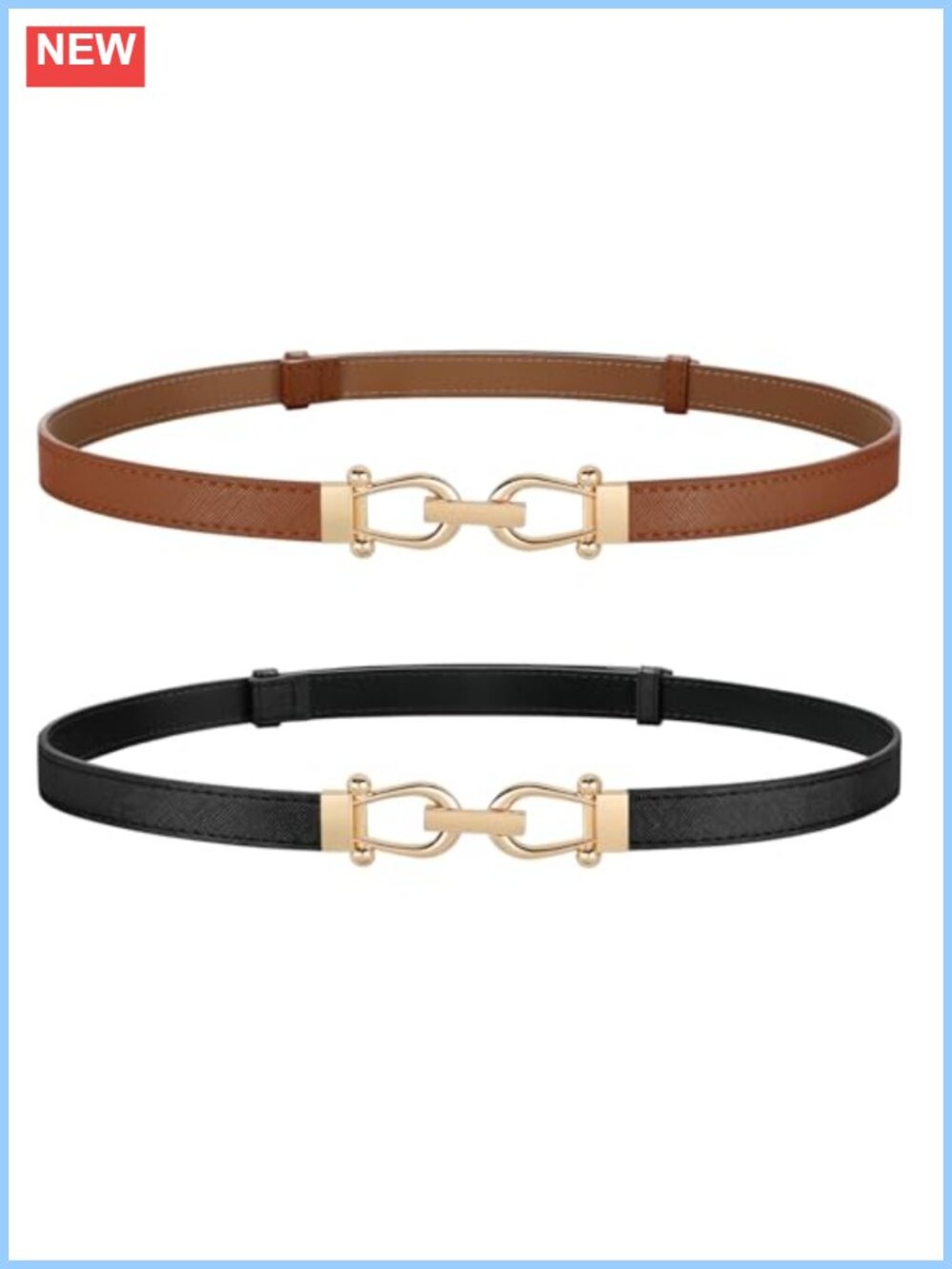2 Pack Thin Skinny Faux Leather Belts with Gold Buckle Adjustable Waist